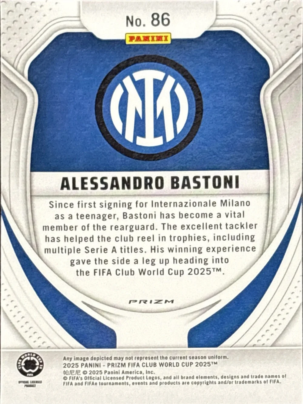Panini Prizm Refractor Alessandro Bastoni Inter Milan Card